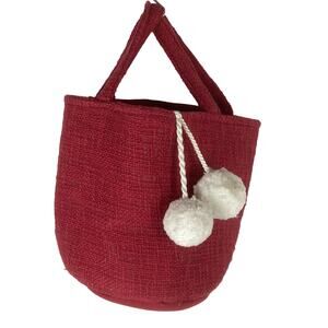 Hallmark Tote Bag Red White PomPoms Woven Cotton Basket Christmas Holidays Decor